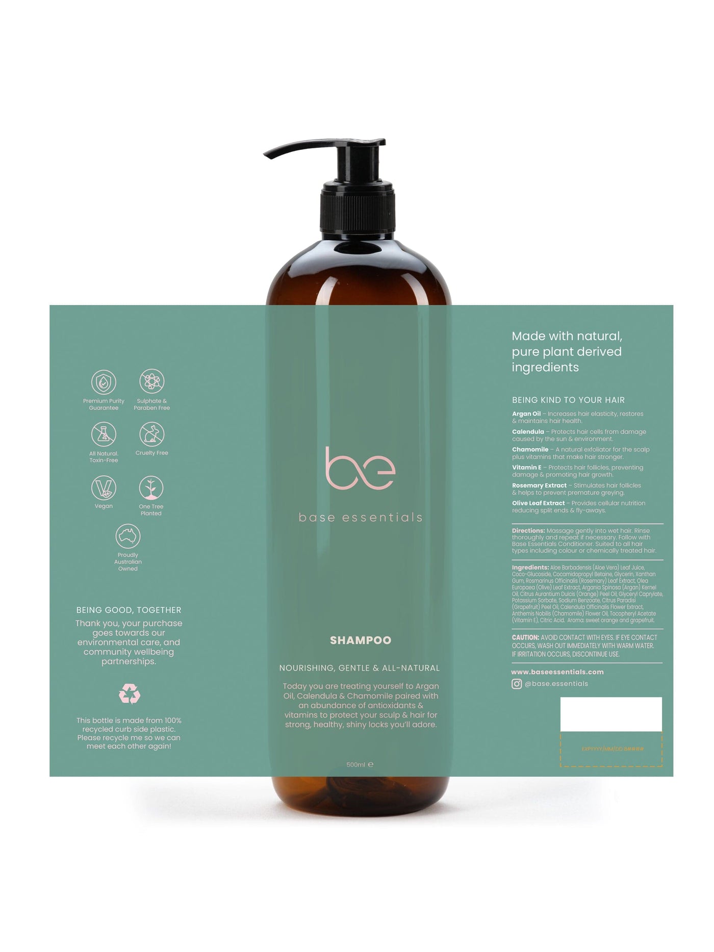 Base Essentials Hair Care Premium Hydrating Shampoo 500ml - All Natural